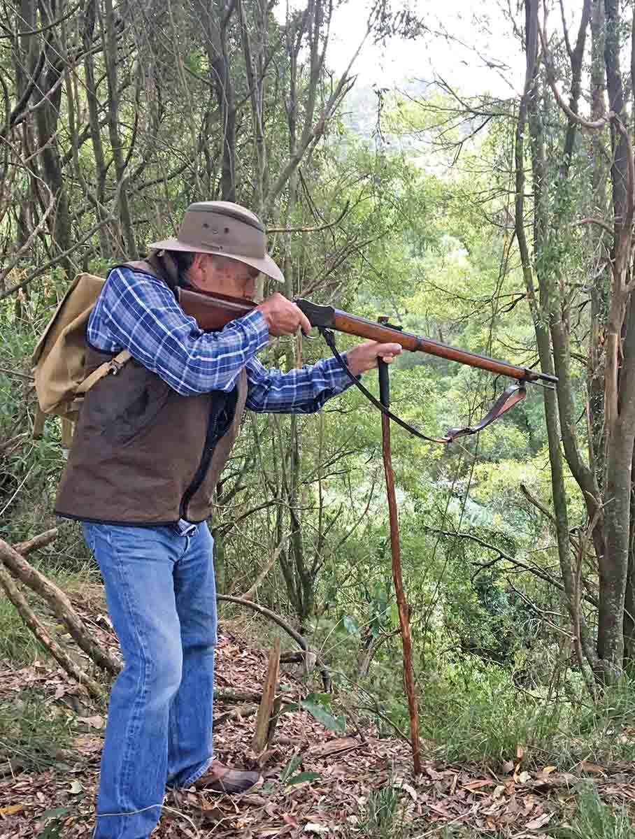 The ghillie stick makes a steady shot from the offhand position possible.